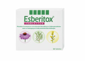 Die Schachtel ESBERITOX TBL, verziert mit Bildern von Echinacea, Lebensbaum und wilden Indigopflanzen, zur Behandlung und Vorbeugung von Erkältungen, enthält 60 Tabletten.