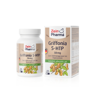 Zein Pharma GRIFFONIA KPS 5-HTP 50MG umfasst eine Flasche und eine Schachtel mit jeweils 120 Kapseln, auf der Verpackung sind Griffonia-Samen abgebildet.
