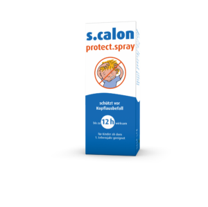 Schachtel S.CALON PROTECT SPRAY mit durchgestrichenem Kinderbild, enthält deutschen Text zum Thema 12-Stunden-Läuseschutz, geeignet für Kinder ab einem Jahr.