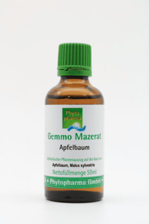 Eine 50ml kleine Flasche mit der Aufschrift „Gemmo Mazerat Apfelbaum Phytopharma“ und einem grünen Verschluss.