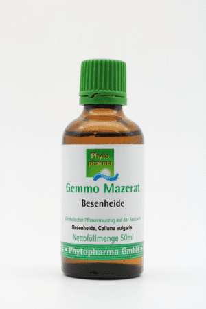 Eine kleine braune 50-ml-Flasche mit grünem Deckel und der Aufschrift „GEMMO MAZERAT BESENHEIDE PHYTOPHARMA“ enthält Pflanzenextrakt.