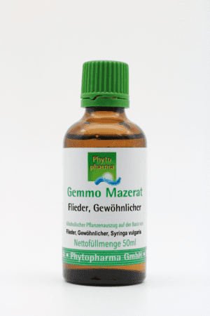 Eine kleine braune Flasche mit der Aufschrift „Gemmo Mazerat Flieder, Gewöhnlicher“ mit grünem Deckel und 50 ml Fassungsvermögen.