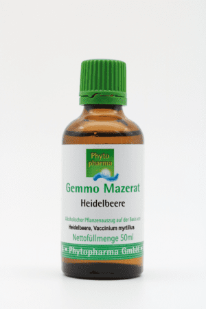 Eine 50ml-Flasche GEMMO MAZERAT HEIDELBEERE PHYTOPHARMA von Phytopharma GmbH mit grünem Verschluss enthält Heidelbeerextrakt.