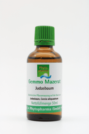 Eine 50-ml-Braunglasflasche mit grünem Deckel und der Aufschrift „GEMMO MAZERAT JUDASBAUM PHYTOPHARMA“ sowie botanischen und Unternehmensinformationen.