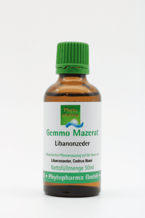 Eine 50-ml-Flasche mit dem Titel „GEMMO MAZERAT LIBANON ZEDER PHYTOHARMA“ mit grünem Deckel von Phyto Pharma.