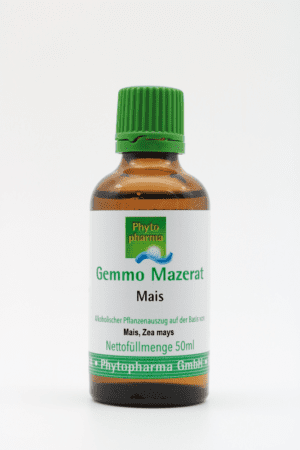 Eine kleine 50-ml-Flasche aus braunem Glas mit grünem Verschluss und Maisextrakt mit der Aufschrift „Gemmo Mazerat Mais Phytopharma“ von Phytopharma GmbH.