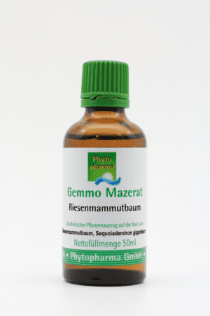 Eine 50-ml-Flasche mit der Aufschrift „GEMMO MAZERAT RIESEN MAMMUT PHYTOPHARMA“, die Pflanzenextrakt vom Riesenmammutbaum enthält und einen grünen Verschluss hat.