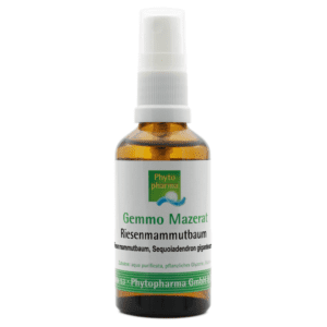 Braune Flasche mit weißem Etikett mit der Aufschrift „Gemmo Mazerat Riesen Mammutbaum Sray Phytopharma“ und einer Sprühdüse.