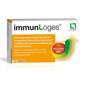 Die Packung „immunLoges® Kapseln 120 Stück“ enthält Inhaltsstoffe wie Spirimmum und Betox-93 sowie die Vitamine C, D, Selen und Zink. Enthält 120 Kapseln.