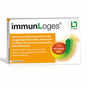 Schachtel mit immunLoges® Kapseln 60 Stück, einem Nahrungsergänzungsmittel mit Markenaufdruck und wesentlichen Inhaltsstoffen zur Unterstützung des Immunsystems.