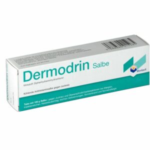 Packung mit DERMODRIN SALBE, einer Antihistamin-Creme zur Linderung von Juckreiz mit Diphenhydraminhydrochlorid.