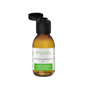 Eine braune Flasche mit der Aufschrift OMEGA 3 VEGAN. HILF ALGENÖL mit schwarzem Flip Top Verschluss der Apotheke Marialif ist vor einem schlichten weißen Hintergrund abgebildet.