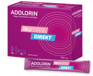 Schachtel und Tube ADOLORIN IBUF.DIR SUS 400MG, geeignet für Kinder ab 12 Jahren, ein Ibuprofen-Produkt.