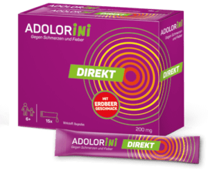 Eine violette Schachtel und Tube mit der Aufschrift „ADOLORINI DIREKT SUS 200MG“, verziert mit orangen Kreisen, hat einen Erdbeergeschmack. Geeignet für Kinder ab 6 Jahren.