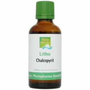 Eine braune Glasflasche mit grünem Verschluss und der Aufschrift „Chalcopyrit“ von Phyto Pharma.