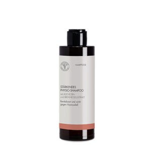 Eine schwarz-weiße Flasche STÄRKENDES PHYSIO-SHAMPOO mit deutschem Etikett, angereichert mit Aronia- und Birkenextrakt zur Stärkung.