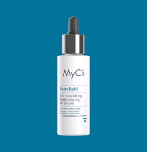 Extralipid Regenerierendes Pflegendes Öl-Serum mit Tropfkappe, dargestellt auf einem einfarbigen blauen Hintergrund.