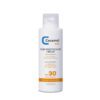 Flasche Sonnenmilch SPF30. Weißer Behälter mit blauen und orangefarbenen Akzenten. Text in mehreren Sprachen. Breitband-UVB-UVA, wasserfest.