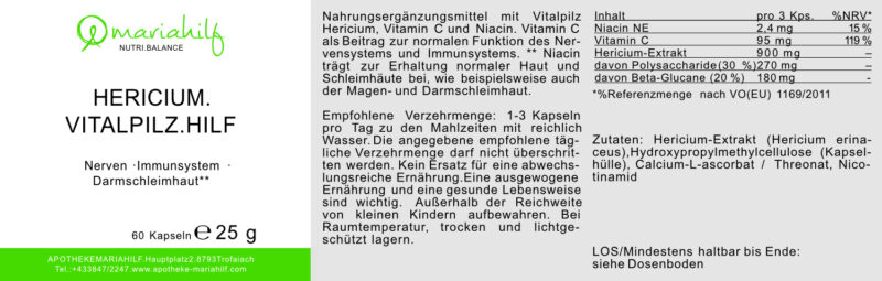 Etikett für das Nahrungsergänzungsmittel HERICIUM VITALPILZ. Enthält Nährwertangaben und Zutaten in deutscher Sprache. Enthält 60 Kapseln, Gesamtgewicht 25g.