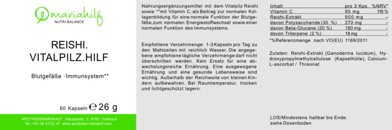 Etikett für das Nahrungsergänzungsmittel „REISHI VITALPILZ“ von Omariahlif. Enthält 60 Kapseln, Gesamtgewicht 26g. Inklusive deutscher Inhaltsstoffbeschreibungen, Anwendungshinweise und Nährwertangaben.