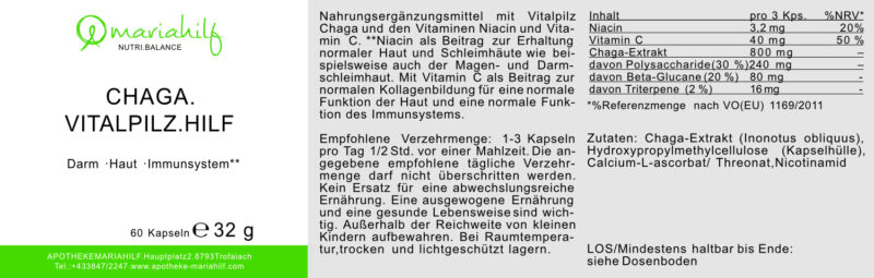 Auf dem Produktetikett für die „CHAGA VITALPILZ“-Kapseln finden Sie detaillierte Angaben zu Inhaltsstoffen, Vorteilen für Haut, Darm und Immunsystem, Anwendungshinweise und Kontaktinformationen. Enthält 60 Kapseln mit einem Gesamtgewicht von 32 g.