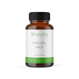 Eine braune Flasche mit der Aufschrift „KRILL ÖL. HILF KAPSELN“ ist grün-weiß gestaltet, enthält 60 Stück und wiegt 36,7g.