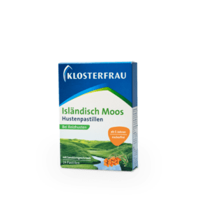 Schachtel KLOST ISLAEND.M HU-PAS Hustenpastillen mit Motiven von grünen Hügeln und Sanddorn. Der deutsche Text weist darauf hin, dass sie zuckerfrei und für Personen ab 6 Jahren geeignet sind.