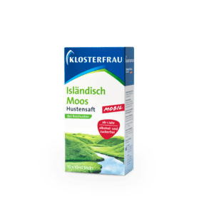 Schachtel KLOST ISLAEND.M MOBIL HU-SFT Hustensaft mit einer grünen Landschaft und Hügeln auf der Verpackung, gekennzeichnet als alkoholfrei und zuckerfrei.