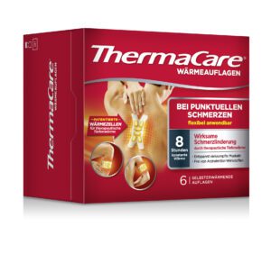 THERMACARE FLEX.ANW.-Box, beschriftet in Deutsch, zeigt die Anwendung am unteren Rücken und betont die 8-stündige Linderung. Enthält sechs selbsterwärmende Wickel zur gezielten Schmerzlinderung.