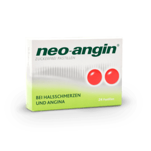 Eine Packung „NEO-ANGIN ZUFR PAS“ zuckerfreie Lutschtabletten mit der Aufschrift „rote Tabletten“ auf der Verpackung zur Linderung von Halsschmerzen und Angina pectoris enthält 24 Lutschtabletten.