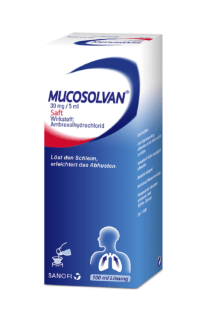 Eine 100 ml Packung MUCOSOLVAN SFT, enthält Ambroxolhydrochlorid in einer Konzentration von 30 mg/5 ml.