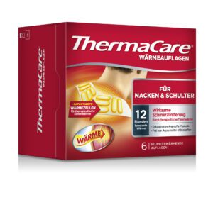Die THERMACARE NACK/SCHULT/HAND-Box enthält 6 selbsterwärmende Pads, die 12 Stunden lang ununterbrochene Wärme und wirksame Schmerzlinderung bei Nacken- und Schulterbeschwerden bieten.