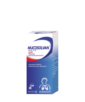 Schachtel MUCOSOLVAN SFT 30MG/5ML Hustensaft mit Produktdetails und Logo.