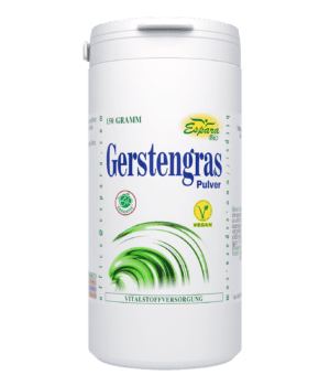 Behälter GERSTEN-GRAS BIO PLV DEU ESP, 150 Gramm, mit Bio- und Vegan-Etiketten auf weißem Hintergrund.