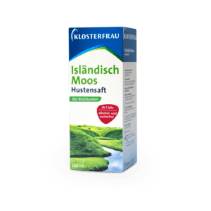 Schachtel KLOST ISLAEND.M HU-SFT, ein 200-ml-Hustensaft gegen trockenen Husten, mit einem malerischen Bild einer grünen Landschaft.
