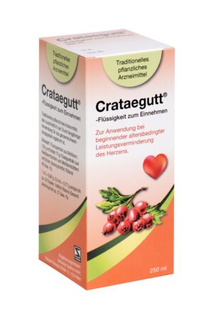 Schachtel CRATAEGUTT FL, ein flüssiges Kräuterheilmittel für die Herzgesundheit, mit Weißdornbeeren und einem Herzsymbol auf der Vorderseite.