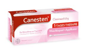 Schachtel CANESTEN WKPS VAG.ANW.0,5G zur vaginalen Anwendung mit einer Einzelkapsel und Applikator, enthält 0,5g Clotrimazol.