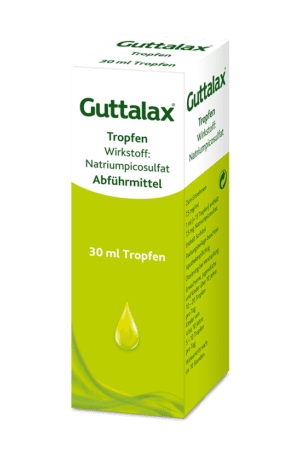 GUTTALAX TR, eine 30 ml Tropfenpackung, ist ein Abführmittel mit Natriumpicosulfat, mit grün-weißem Design und Tropfensymbol.