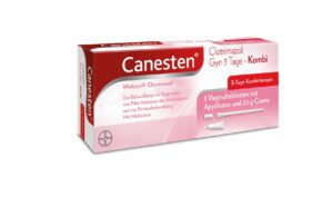 Schachtel CANESTEN GYN 3 TAGE KOMBI mit Applikator, beinhaltet drei Vaginaltabletten und eine 20g Creme zur Behandlung.