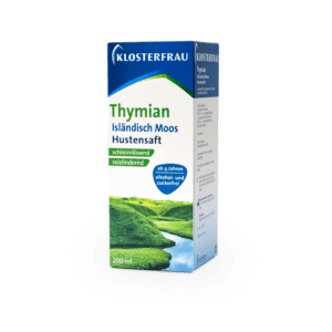 Eine 200 ml-Packung KLOST THYM ISLAEND.M HU-SFT, ein Hustensaft für Kinder ab 4 Jahren, ohne Alkohol und Zucker, in der Verpackung mit grünen Hügeln.