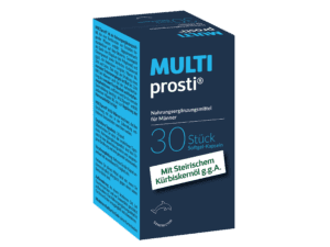 Das Produkt ist in einer dunkelblauen Verpackung mit der Aufschrift „MULTIPROSTI SOFTGEL KPS“ und enthält 30 Softgel-Kapseln. Es handelt sich um ein Nahrungsergänzungsmittel für Männer mit deutschem Text und steirischem Kürbiskernöl.