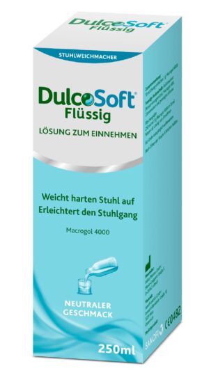 Packung DULCOSOFT FL 125G/250ML LSG, Stuhlweichmacher mit Macrogol 4000, geschmacksneutral, 250ml. Deutsche Beschriftung inkl. Dosierungsanleitung.