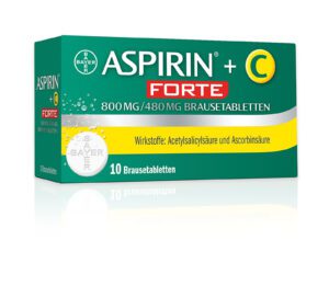 Schachtel ASPIRIN C BRTBL FTE800/480MG mit 10 Brausetabletten, die jeweils 800mg Acetylsalicylsäure und 480mg Ascorbinsäure enthalten. Verpackung von Green Bayer.