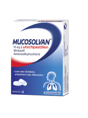 Eine Schachtel MUCOSOLVAN LPAS 15 MG enthält 20 runde Lutschtabletten mit Ambroxolhydrochlorid. Auf der Verpackung ist eine Person mit Umrissen ihrer Atemwege abgebildet.