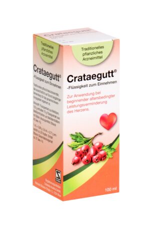 CRATAEGUTT FL Kräutermedizin-Box, 100 ml, mit Herz- und Beerenbildern mit deutschem Text.