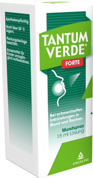 TANTUM-VERDE MUNDSPRAY FTE, 15 ml Mundspray-Lösung im grün-weißen Design mit deutscher Gebrauchs- und Aufbewahrungsanleitung.