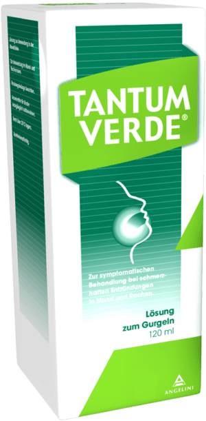 Eine 120-ml-Packung TANTUM-VERDE LSG GURGELN, abgebildet zur Linderung von Schmerzen und Entzündungen im Mund- und Rachenraum.
