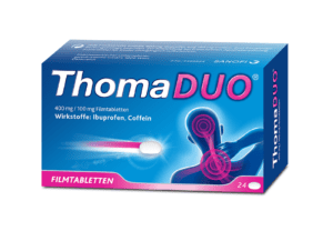 THOMADUO FTBL 400/100MG Ibuprofen- und Koffein-Filmtabletten werden in einer Schachtel mit einem blau-rosa Design mit einer Illustration zur Linderung von Kopf- und Nackenschmerzen geliefert. Die Packung enthält 24 Tabletten.