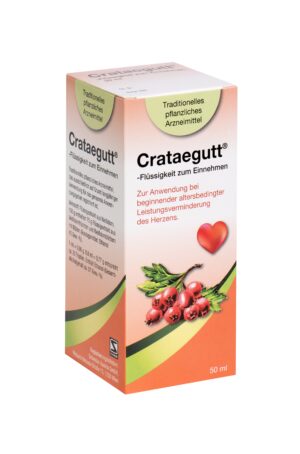 Schachtel mit CRATAEGUTT FL, einem traditionellen Kräuterheilmittel. Die Verpackung ist orange mit roten Beeren und einem Herzsymbol mit deutschem Text.