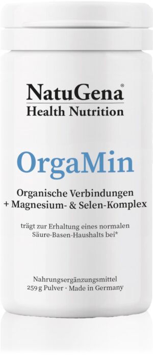 Weißer Behälter mit NATUGENA PLV ORGAMIN-Nahrungsergänzungsmittel mit Magnesium- und Selenkomplex. Enthält 259 g Pulver, hergestellt in Deutschland, mit Text in Deutsch.